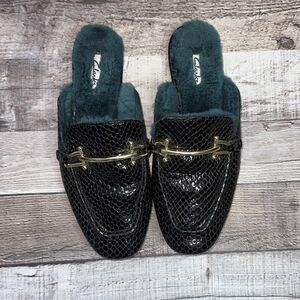 Clarks Pure 2 Mule Black Leather Gold Bit Shearling Slip On Slides Slippers | Si